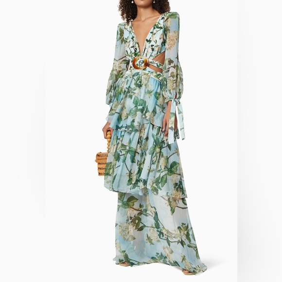 PatBo blue floral long sleeve beach maxi dress gown in sky - Picture 3 of 12